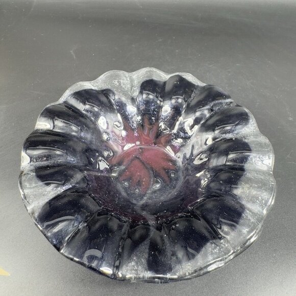 Vintage Hand Made Fused Art Glass Dish Bowl Artist Signed Ruffled Edge Purple - Picture 7 of 12